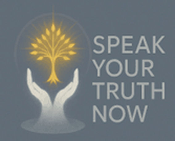 Hands holding glowing tree, "Speak Your Truth Now".