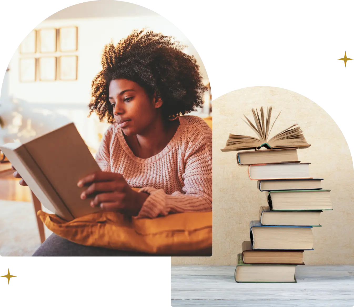 Person reading book, stack of books nearby.