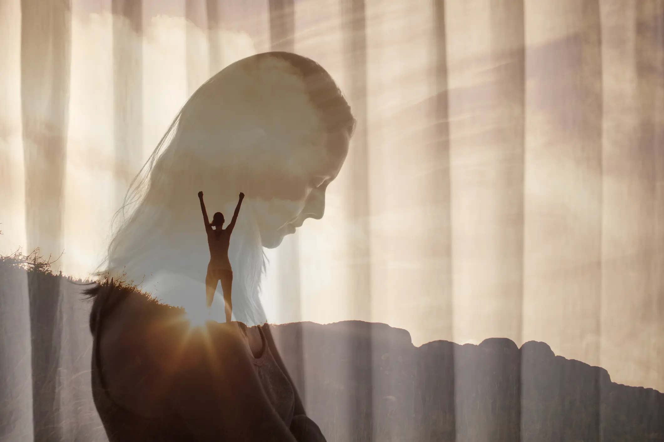Silhouette with triumphant pose and contemplative profile.
