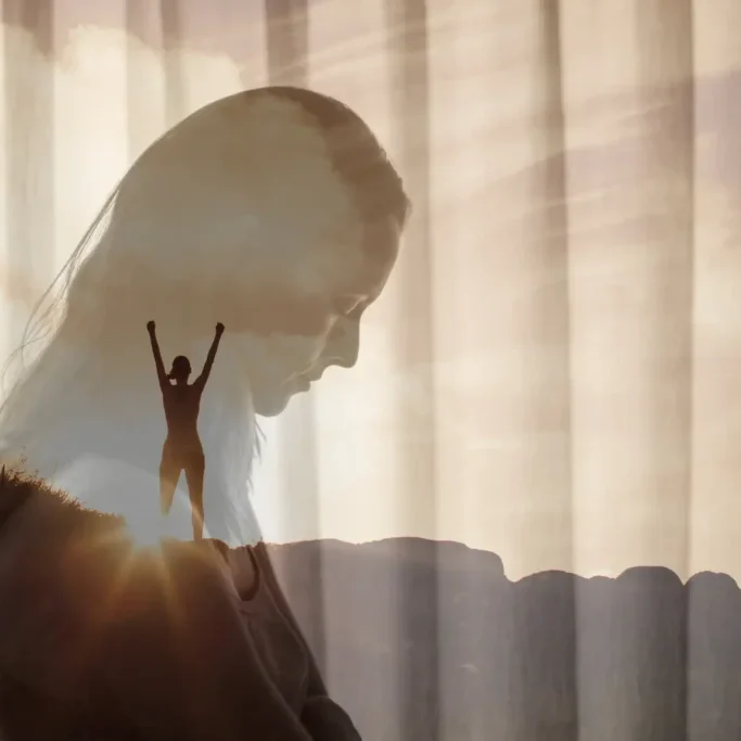 Silhouette with triumphant pose and contemplative profile.